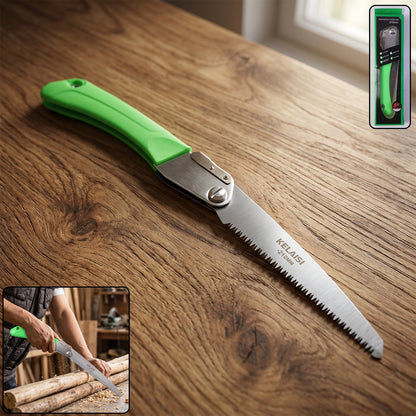 A green handled folding saw with a silver blade rests on a wooden table, with a small inset showing its packaging.