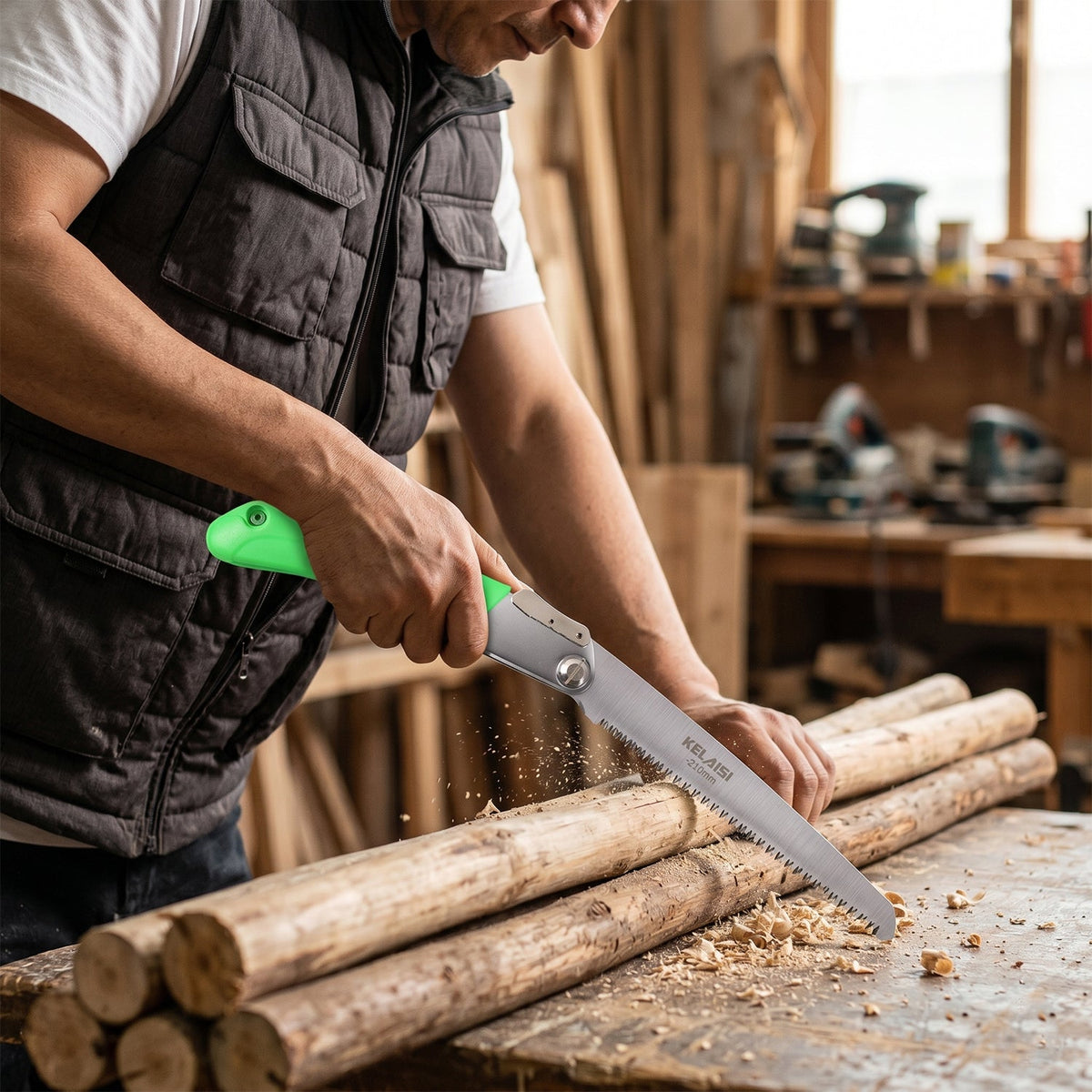 A person in a vest uses the green handled folding saw to cut through several logs on a wooden workbench.