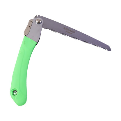 A green handled folding saw with an extended silver blade is shown against a plain white background.