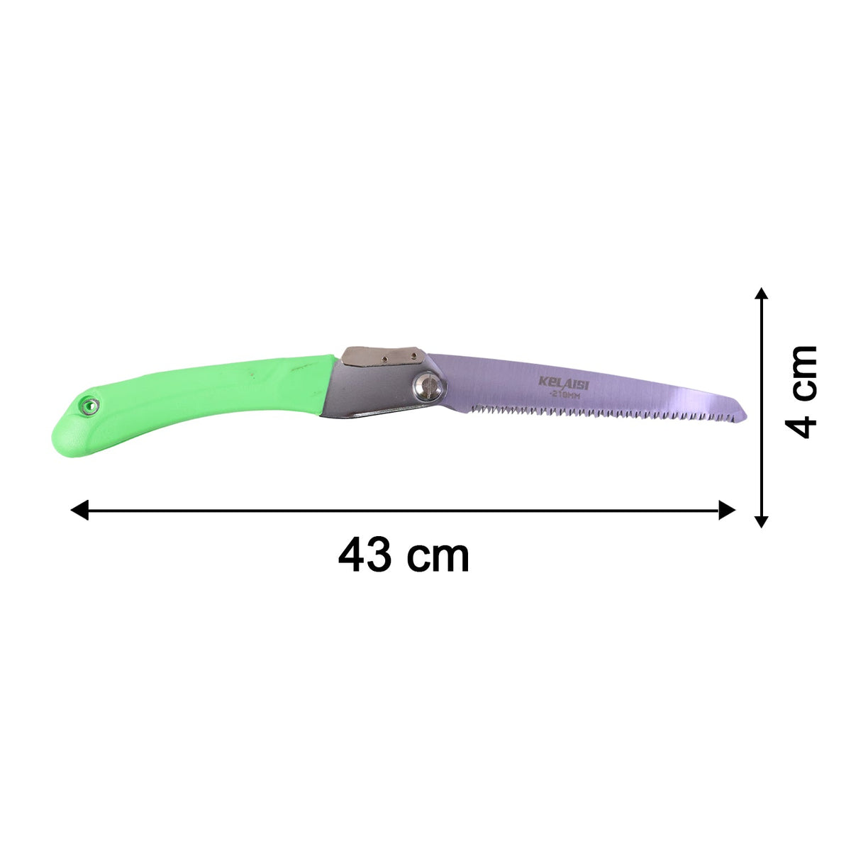 A green handled folding saw with an extended blade is shown with its total length and blade width dimensions.