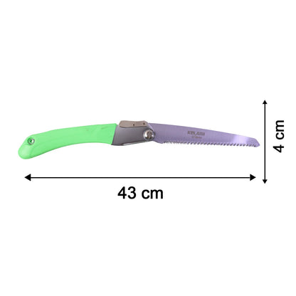 A green handled folding saw with an extended blade is shown with its total length and blade width dimensions.