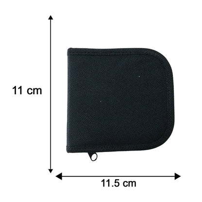 A closed black zippered sewing kit is shown on a white background with dimensions 11 cm by 11.5 cm indicated by black arrows.