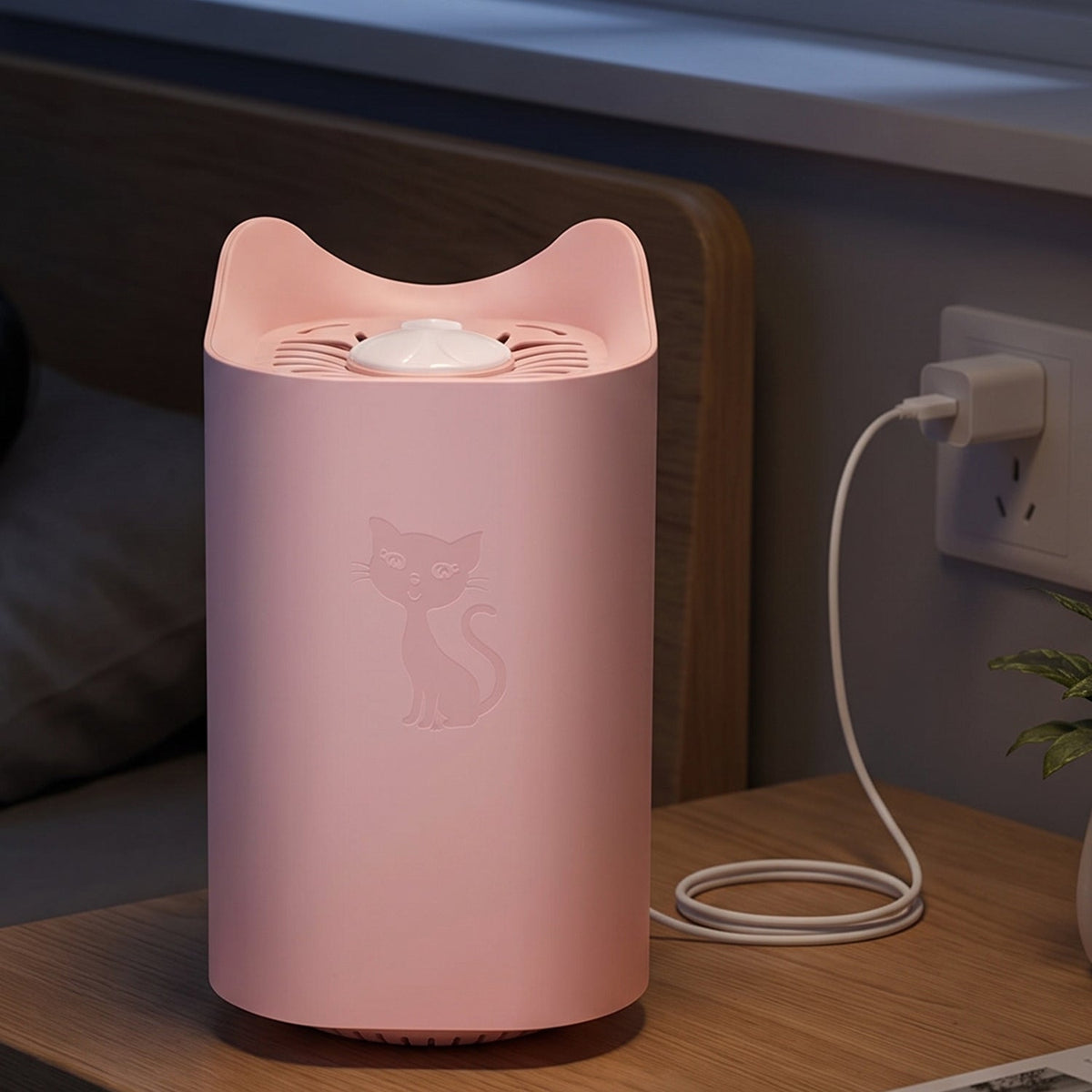 A pink cat-shaped mosquito lamp with an embossed cat design is plugged into a wall socket on a wooden nightstand.