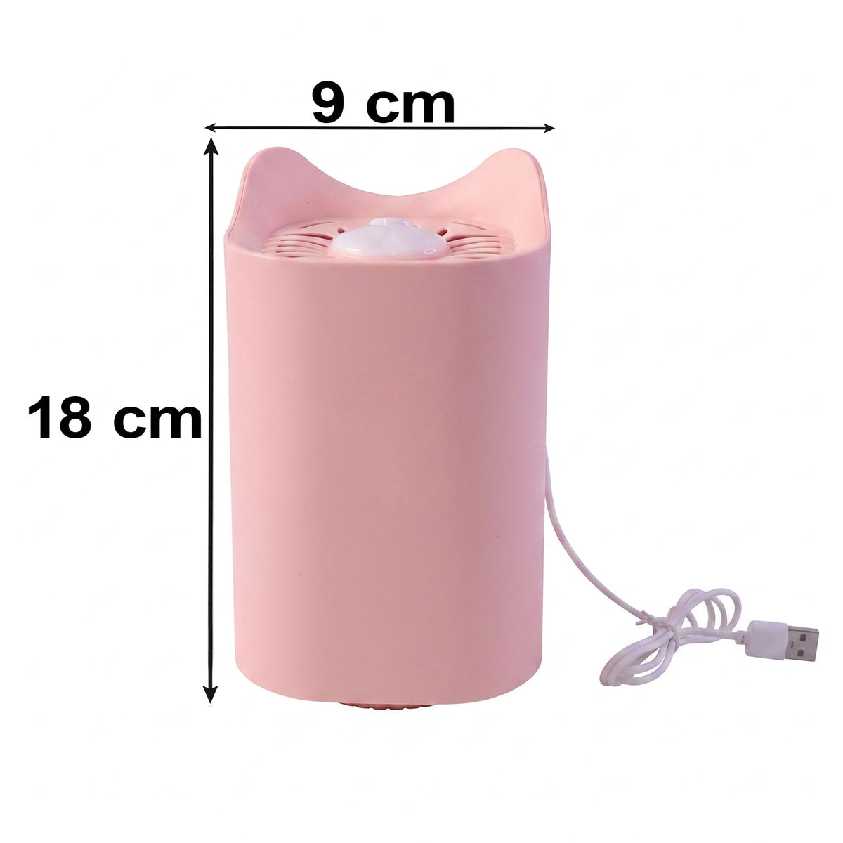 A pink cat-eared mosquito lamp with a USB cable has dimensions of 18 cm height and 9 cm width.