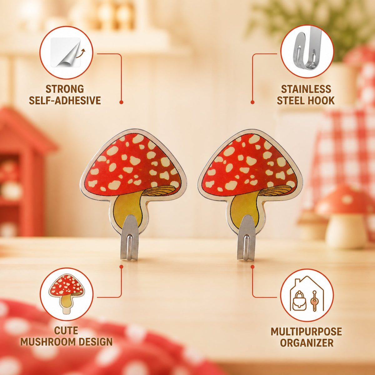 Side view of a mushroom shaped cartoon adhesive hook on a surface.