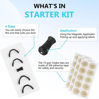 A diagram showing four sizes of black nasal dilators, a black applicator, and two sheets of beige circular patches.