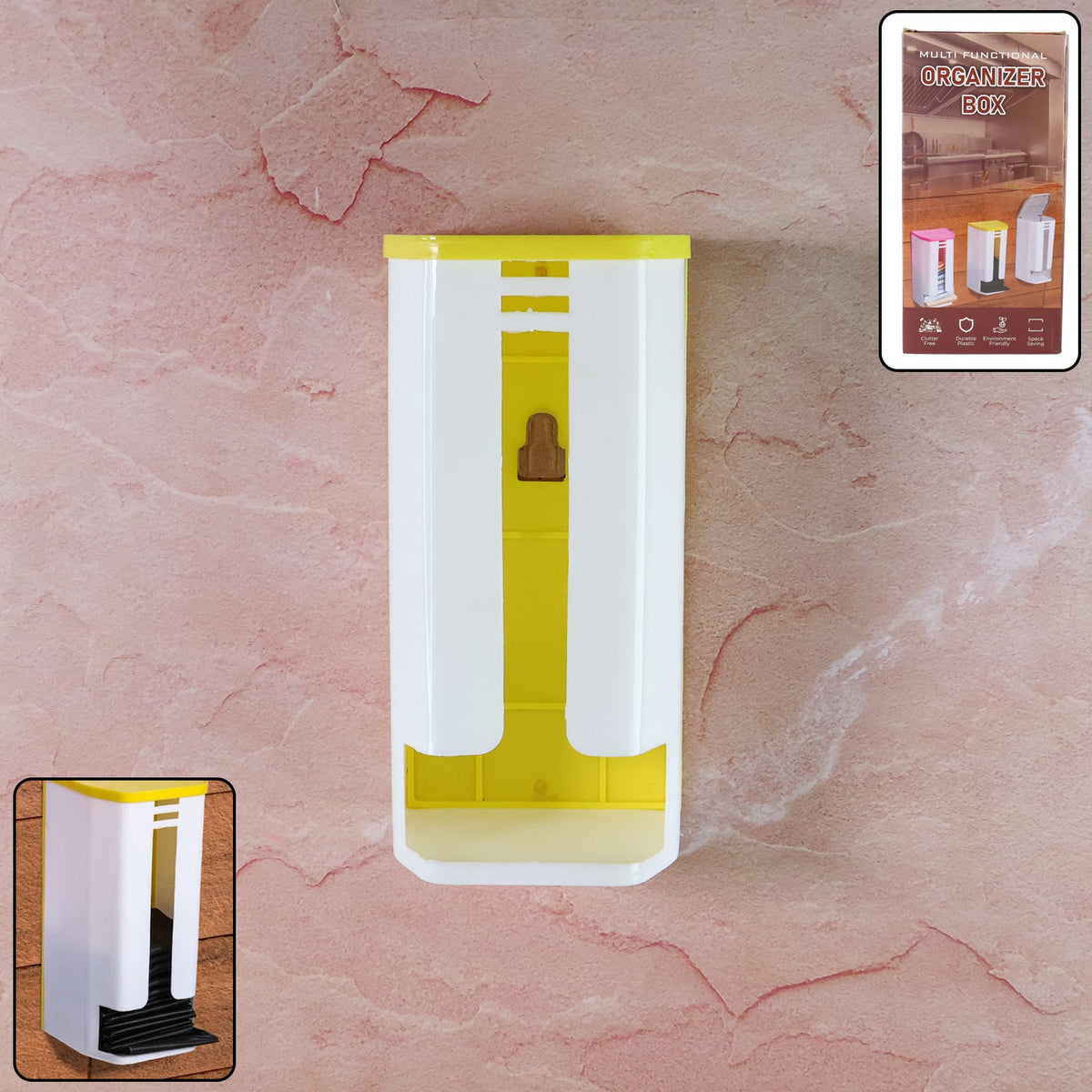 A white and yellow plastic bag dispenser is mounted on a pinkish-brown textured wall
