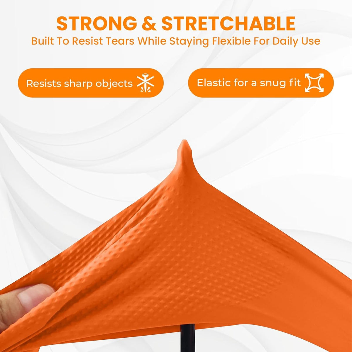 Close-up of a stretched orange rubber glove, highlighting its textured surface and promoting its strength and stretchability.