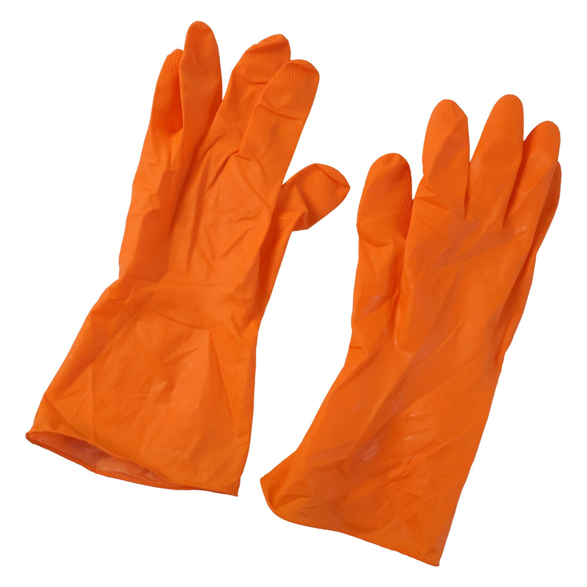 A pair of bright orange rubber gloves is laid flat on a plain white background.