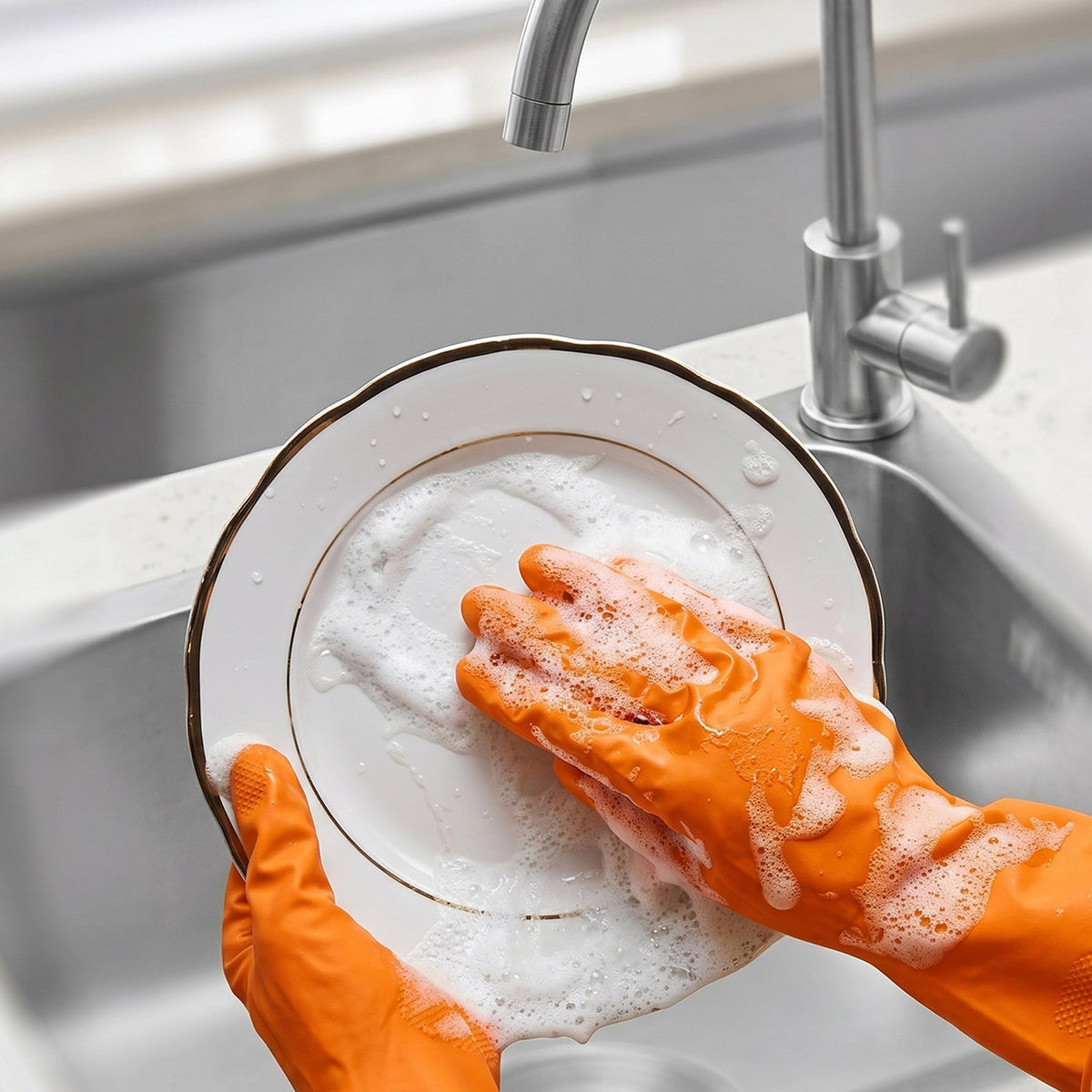Hands in orange rubber gloves scrub a white plate with gold trim, covered in suds, under a kitchen faucet.