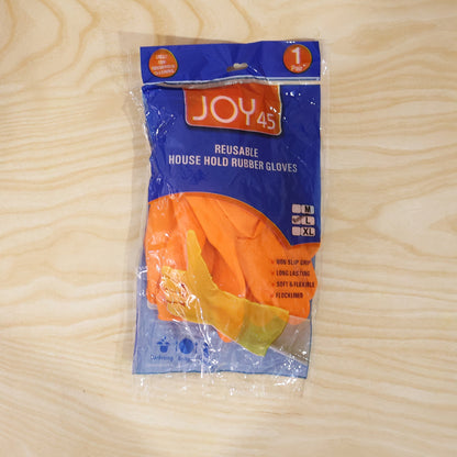 A clear plastic package containing a pair of orange rubber gloves, labeled "JOY 45 Reusable House Hold Rubber Gloves".