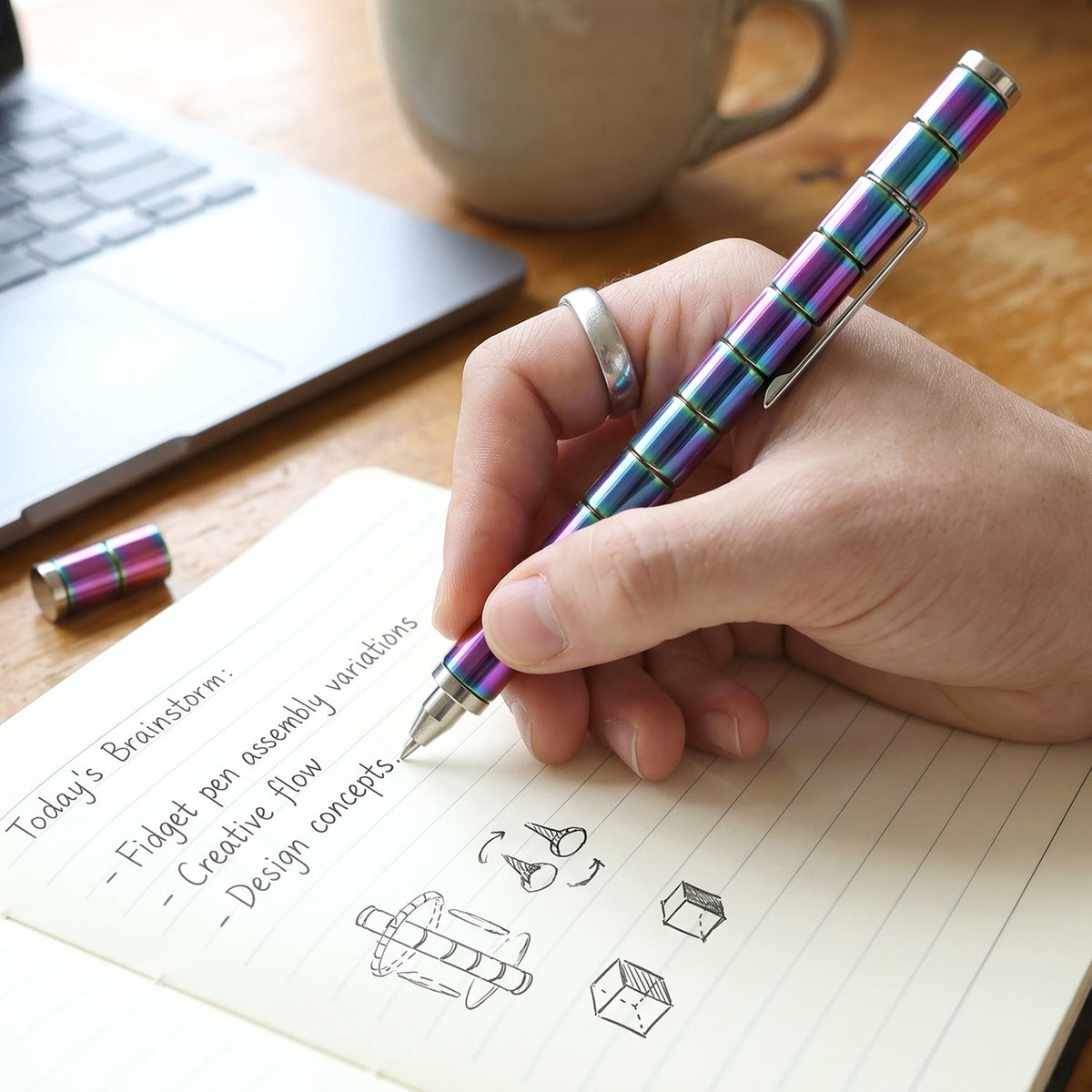 A hand with a silver ring writes in a notebook with a rainbow-colored magnetic fidget pen.