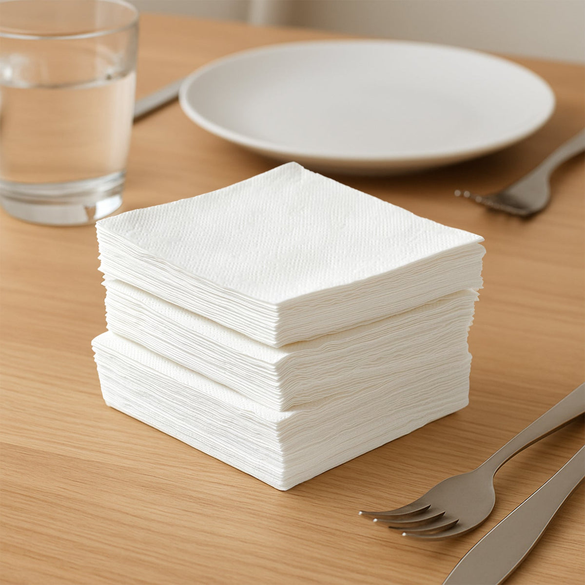 A stack of white paper napkins on a wooden table with a glass of water and a plate.
