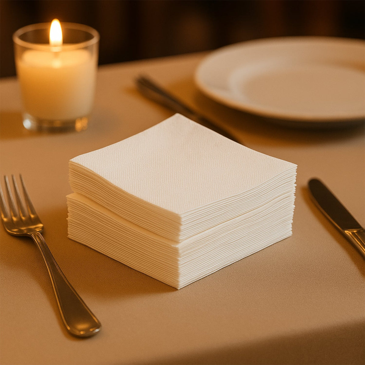 A stack of white paper napkins on a brown tablecloth next to a lit candle and silverware.