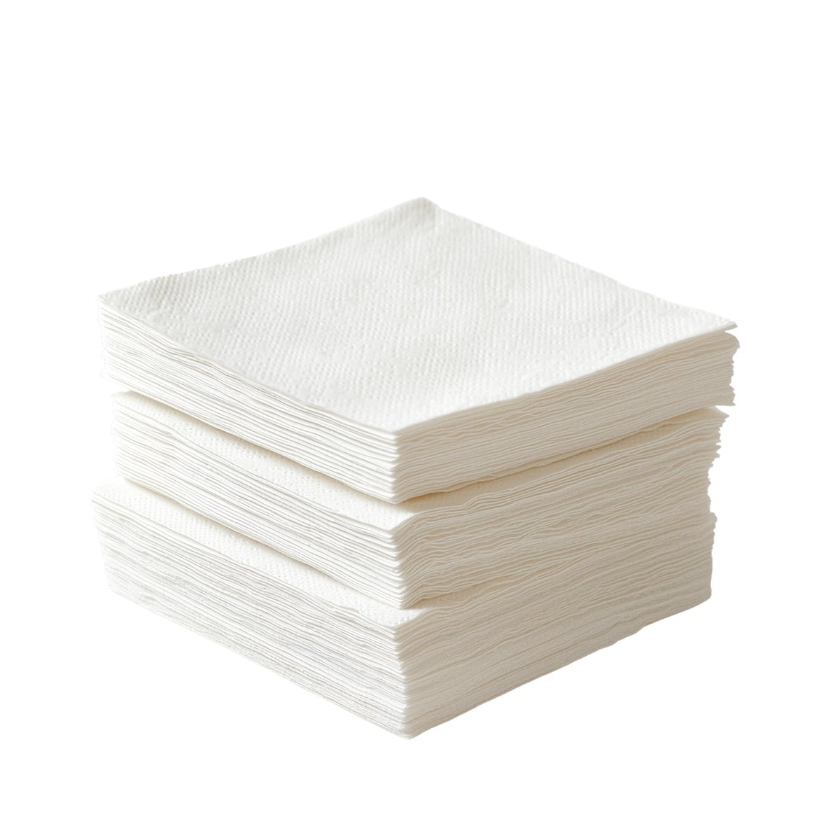 A tall stack of white textured paper napkins on a plain white background.