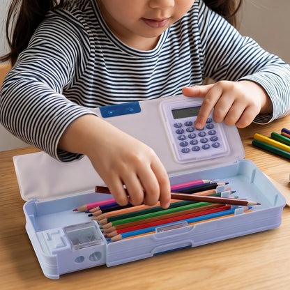A child's hands placing colorful pencils into a light blue Avengers pencil box with an integrated calculator.