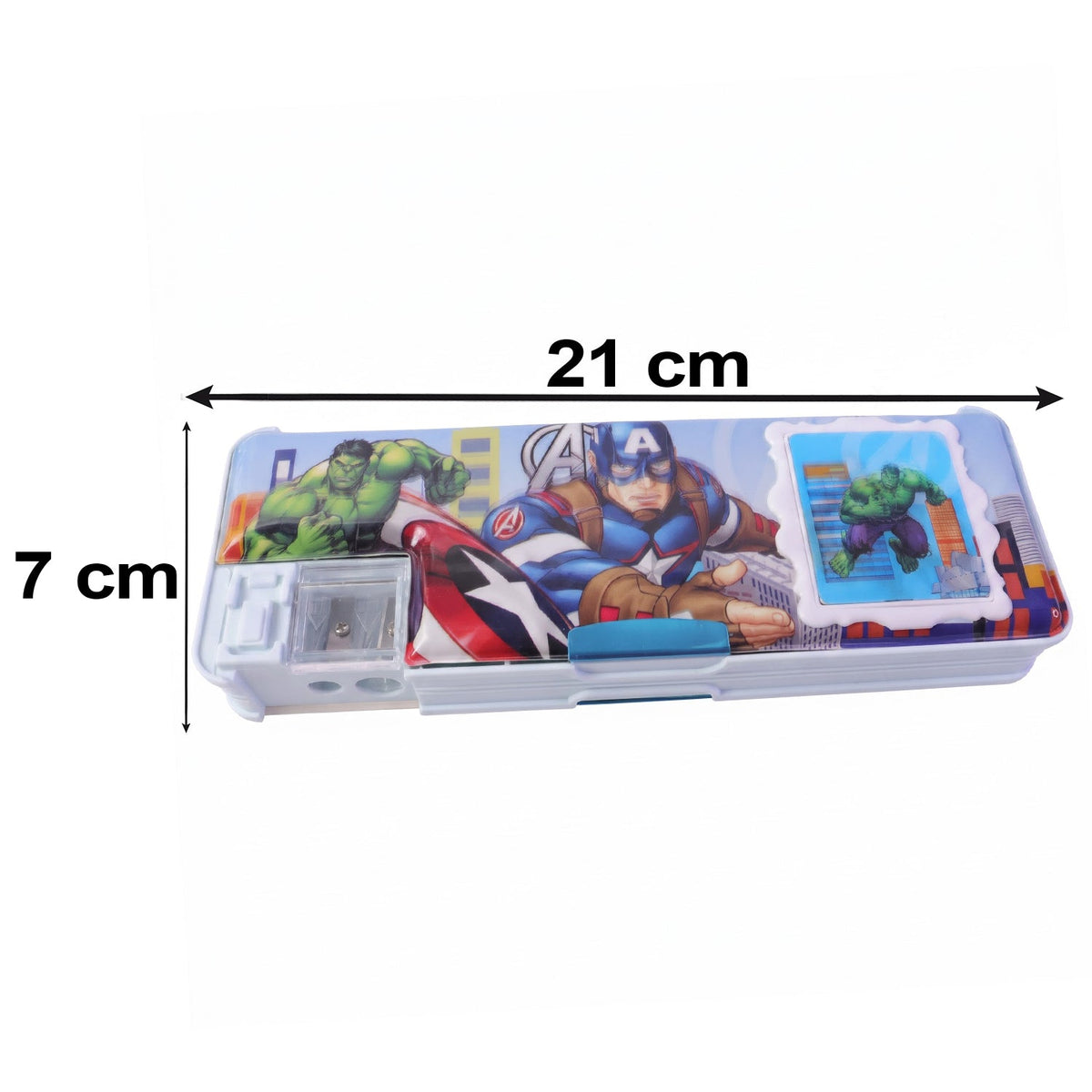A light blue Avengers pencil box with dimensions of 21 cm length and 7 cm width shown on a white background.