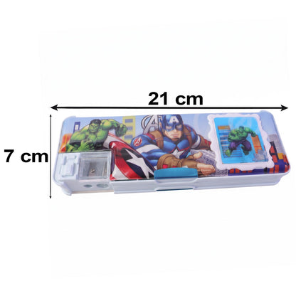 A light blue Avengers pencil box with dimensions of 21 cm length and 7 cm width shown on a white background.