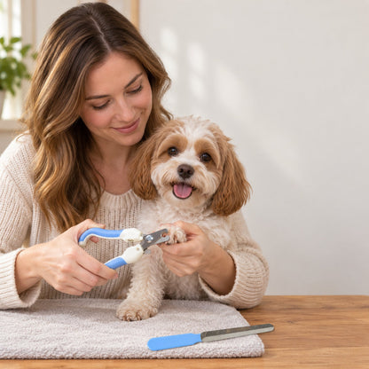 A woman smiles while clipping a small dog's nails, with a blue and white clipper and file on a gray towel.