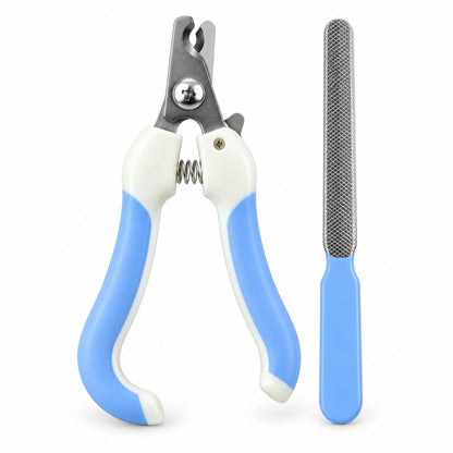 A blue and white pet nail clipper with a spring mechanism rests beside a matching blue-handled metal file.