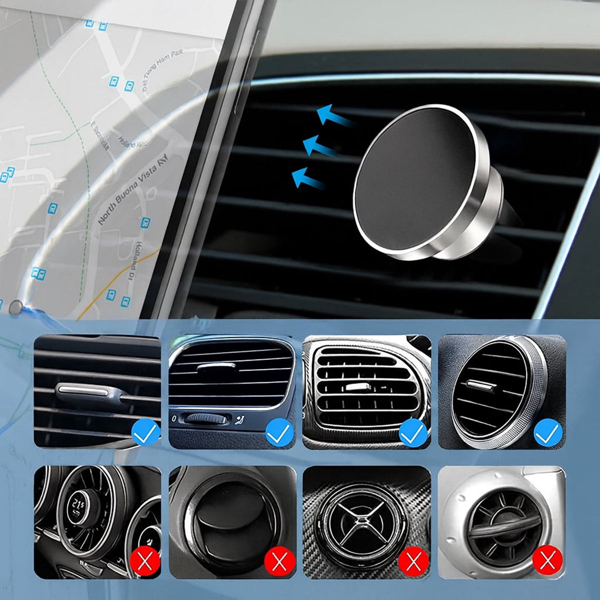 Magnetic phone holder for car air vent with 360-degree rotation for convenient smartphone positioning.