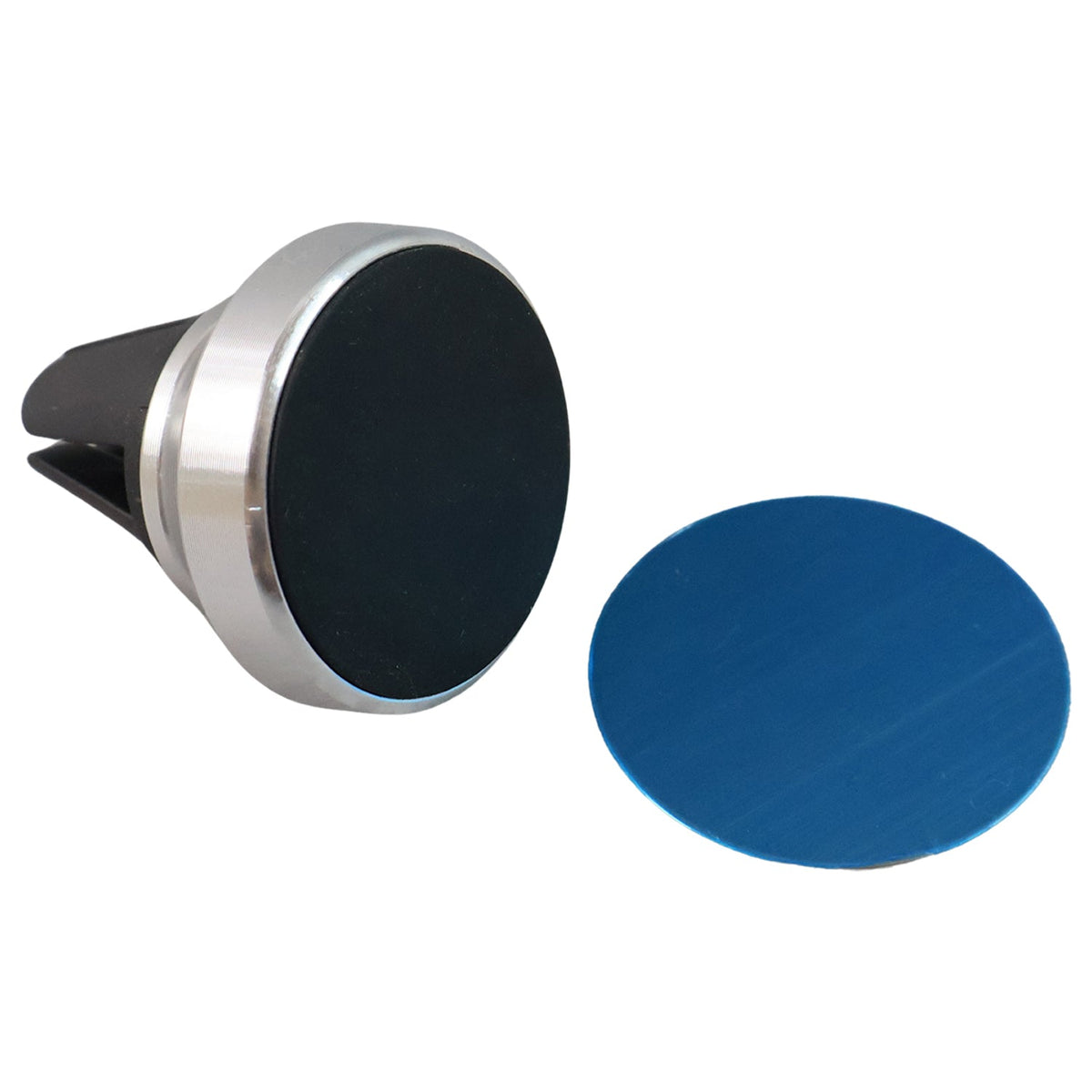 A black and silver magnetic car mount with a black silicone pad, next to a blue oval adhesive pad.