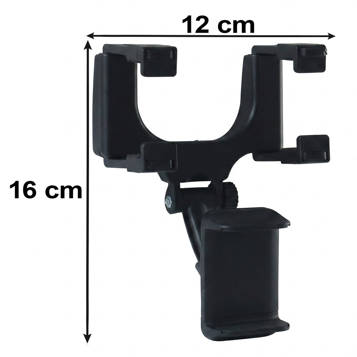 A black car phone mount with dimensions of 12 cm width and 16 cm height indicated by arrows.
