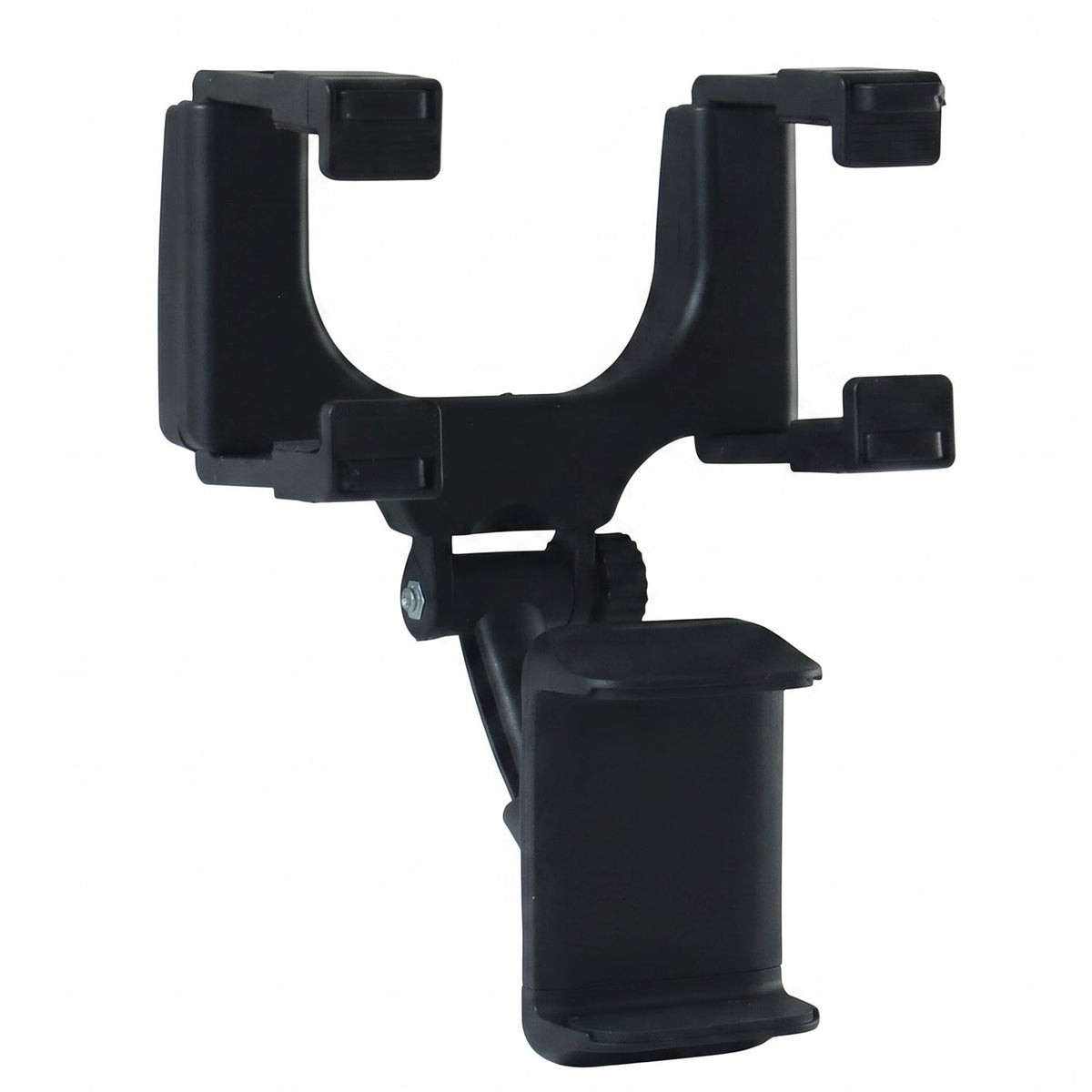 A black car phone mount with adjustable clips and a swivel joint on a white background.