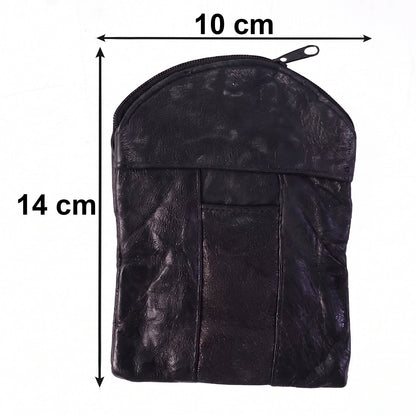 A black leather pouch with dimensions of 10 cm width and 14 cm height indicated by arrows.