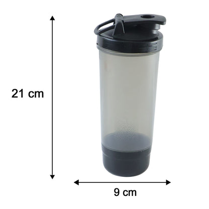 A grey and black shaker bottle with dimensions of 21 cm height and 9 cm width on a white background.