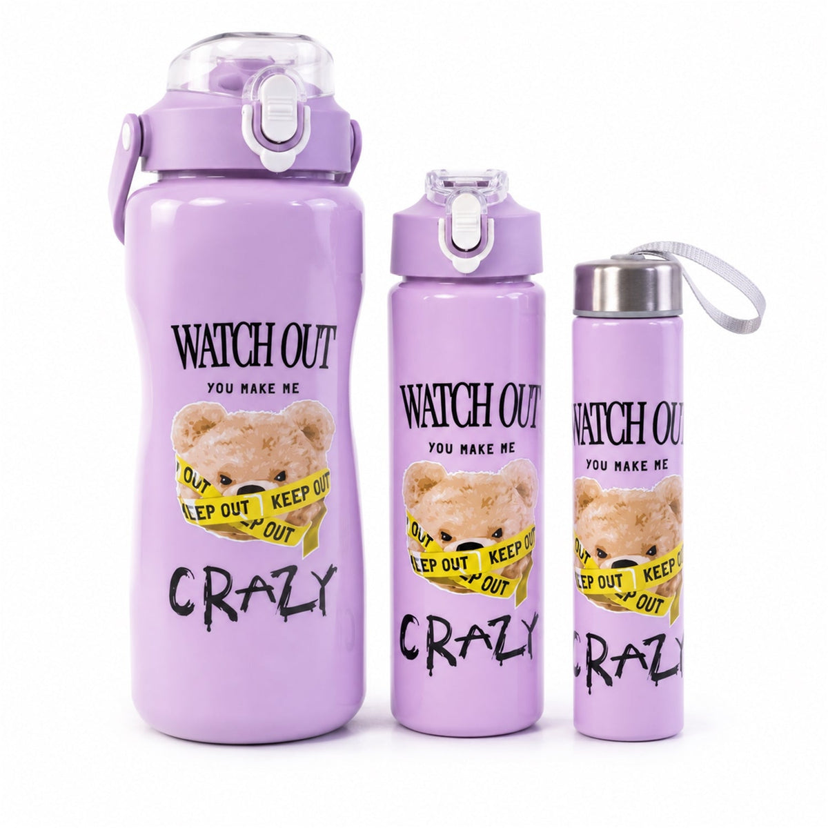 Three purple water bottles with a teddy bear design, in varying sizes, standing upright against a white background.