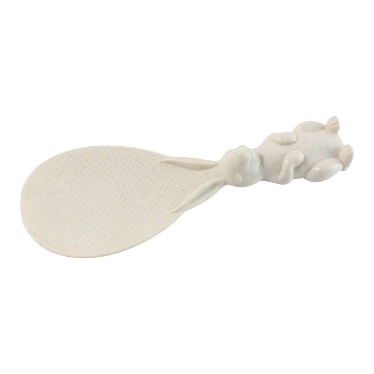 A white bunny-handled rice spoon is shown lying flat against a white background, highlighting its textured surface.