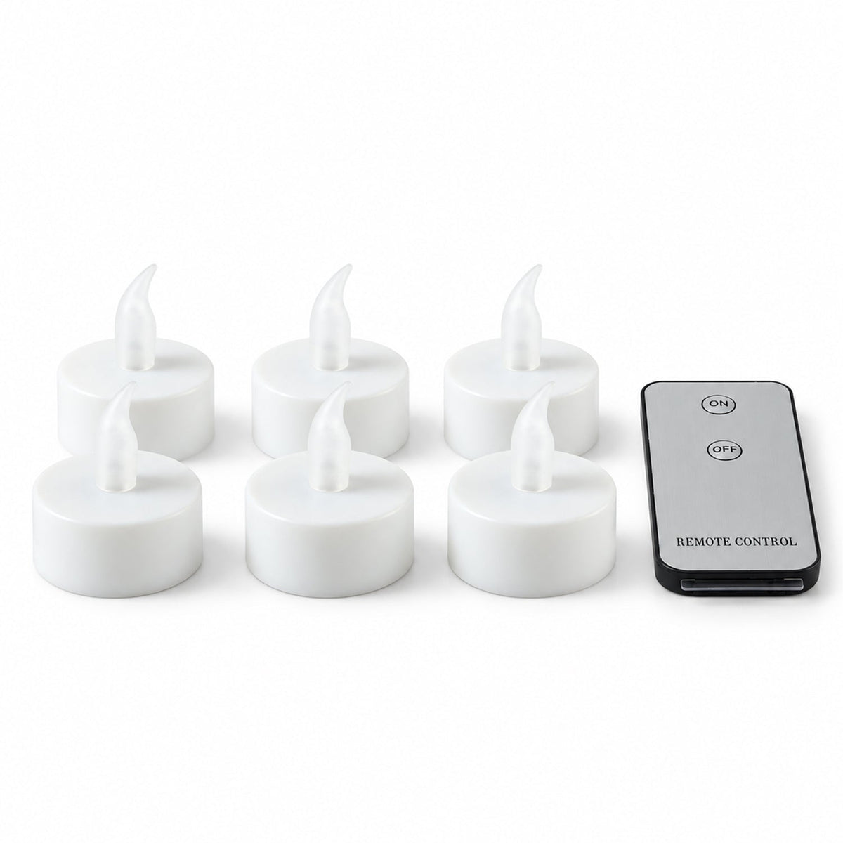 Six white LED flameless candles with clear plastic flames and a gray remote control on a white background.