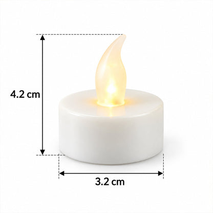 A single white LED flameless candle with a glowing flame, showing dimensions of 4.2 cm height and 3.2 cm width.