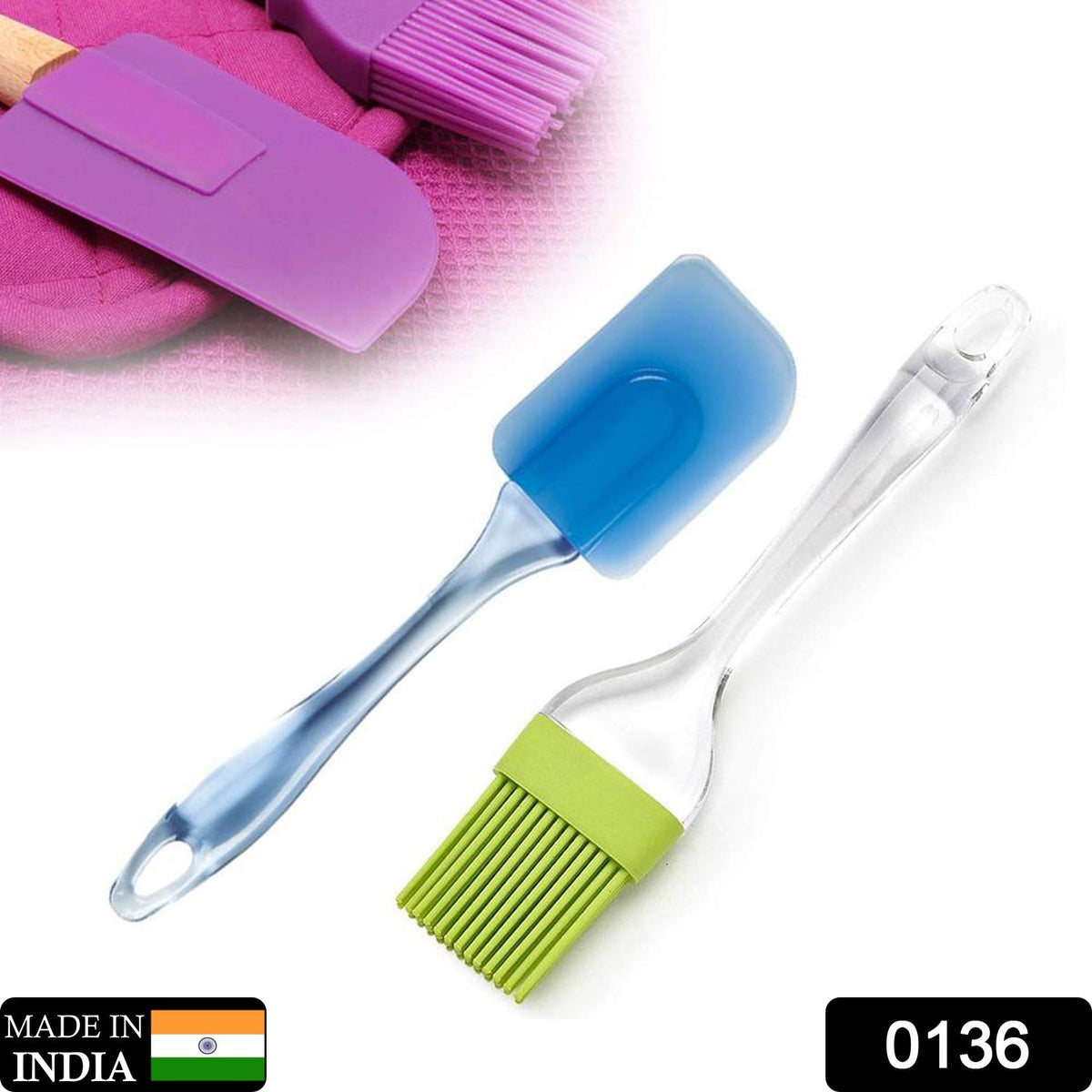 A blue silicone spatula and a green silicone pastry brush are shown with a purple spatula and oven mitts in the background.