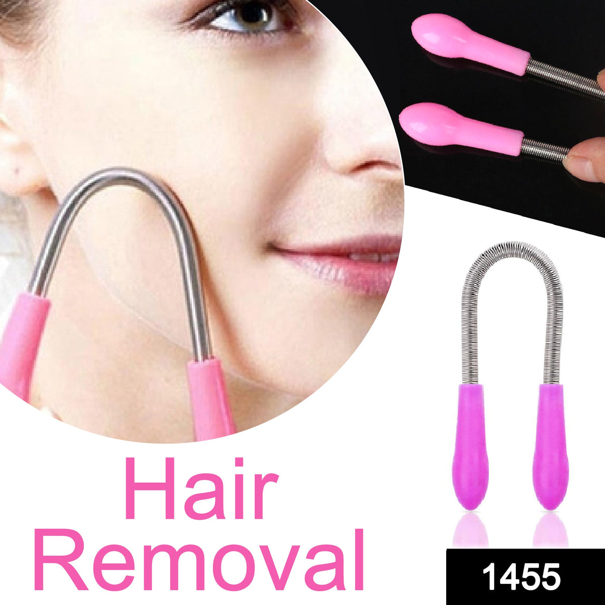 A person's face with the pink and silver facial hair remover spring tool near their cheek, with text overlay 'Hair Removal'.