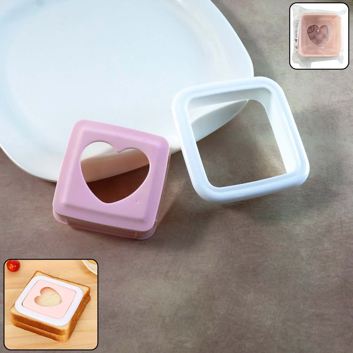 Pink and white sandwich cutter with a heart shape, next to a white plate, with two small inset images. – view 3