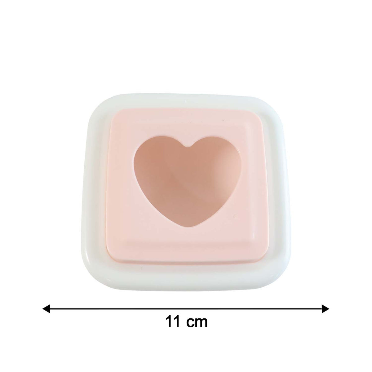 Top-down view of the pink and white heart-shaped sandwich cutter with an 11 cm measurement arrow.