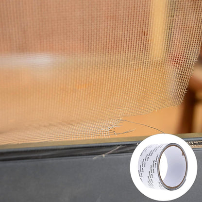 A close-up of a torn beige mesh screen with a roll of repair tape in a circular inset.