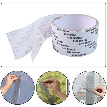 A roll of grey mesh repair tape with a white backing, with three circular insets showing application.