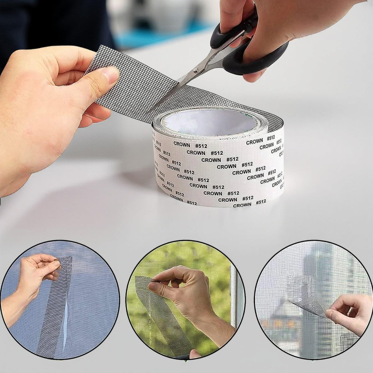 Hands cutting a roll of grey mesh repair tape with scissors, with three circular insets showing application.