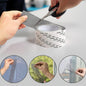 Hands cutting a roll of grey mesh repair tape with scissors, with three circular insets showing application.