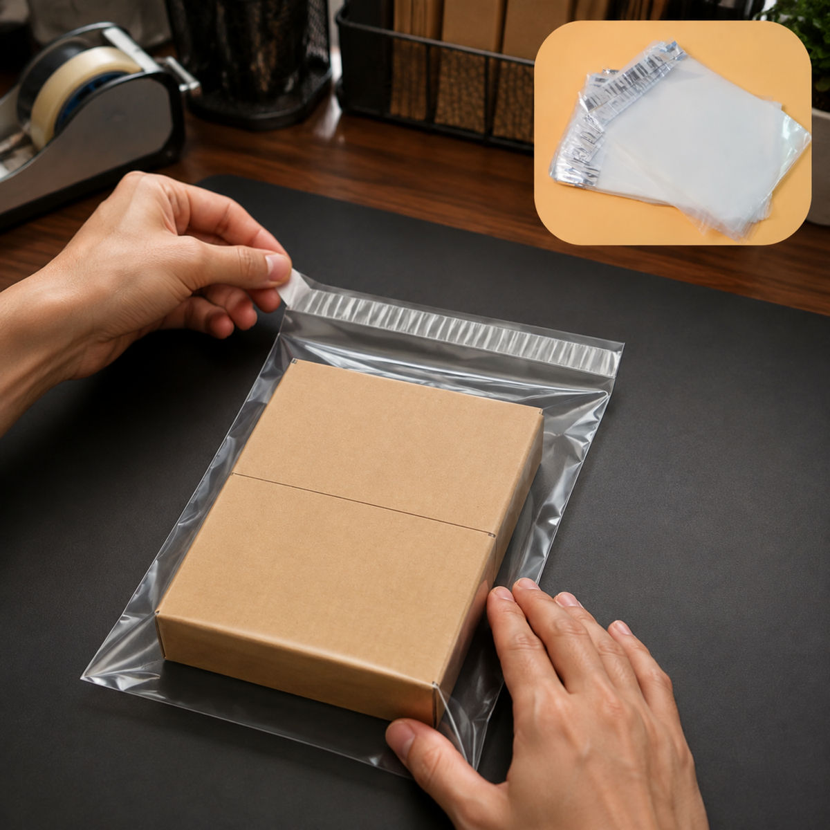 Hands sealing a clear polybag containing a brown box on a dark desk with a tape dispenser and an inset of clear polybags.