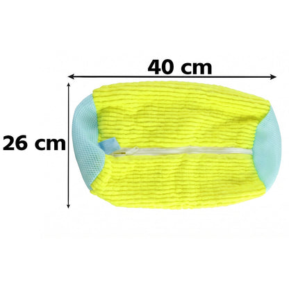 A yellow and blue shoe laundry bag with dimensions of 40 cm length and 26 cm width indicated by arrows.