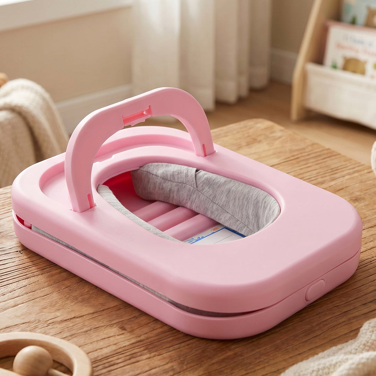 The pink desktop nap pillow is shown folded on a wooden table in a room with a bookshelf in the background.
