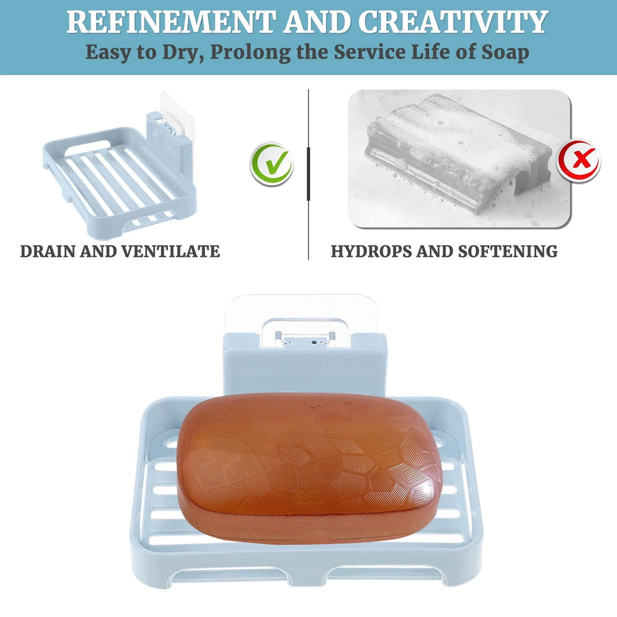 Light blue plastic soap dish with a brown bar of soap, demonstrating its draining feature next to a soggy soap.