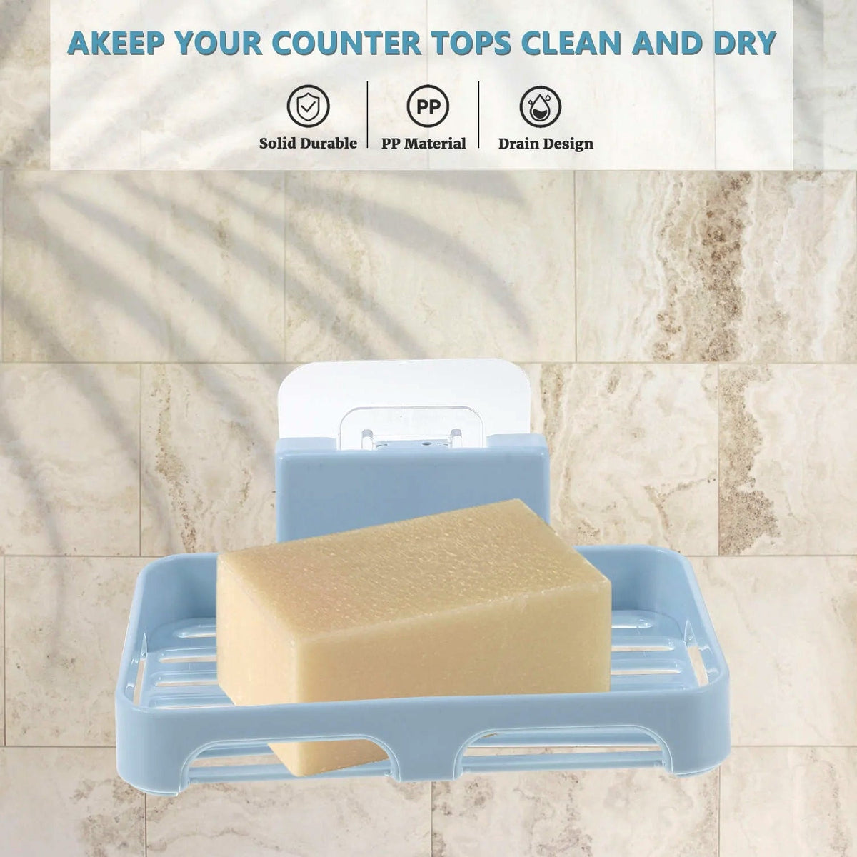 Light blue plastic soap dish with a light yellow bar of soap, mounted on a tiled wall.