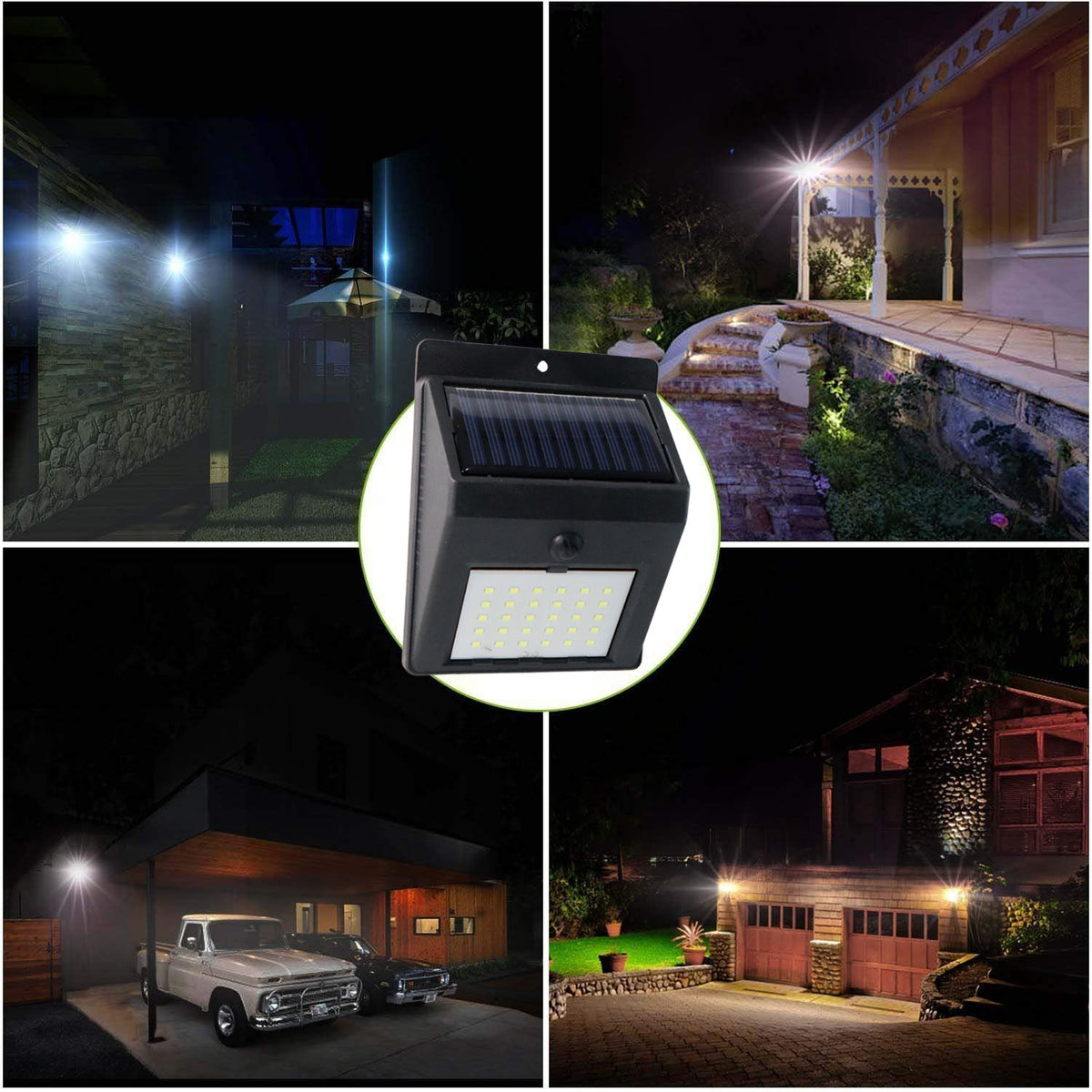 Four insets showing the black solar-powered wall light illuminating different outdoor settings at night, with the product in