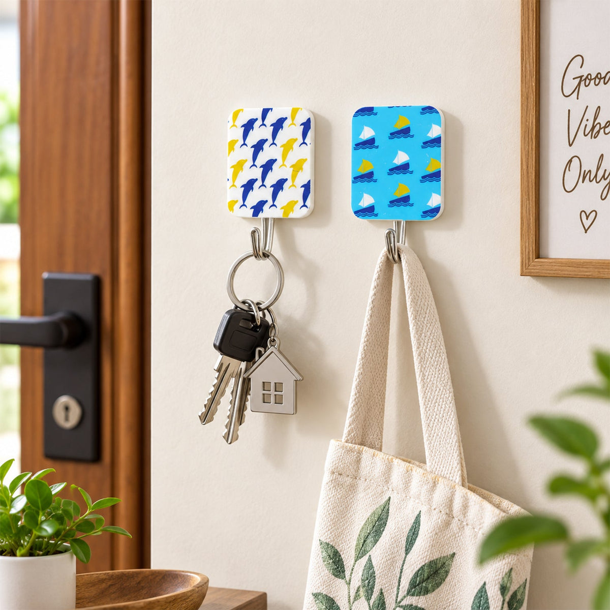 Two decorative hooks on a white wall, holding house keys and a fabric tote bag near a dark door handle.