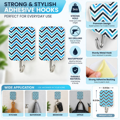A pair of rectangular adhesive hooks with a blue and black chevron pattern are shown with various feature callouts.